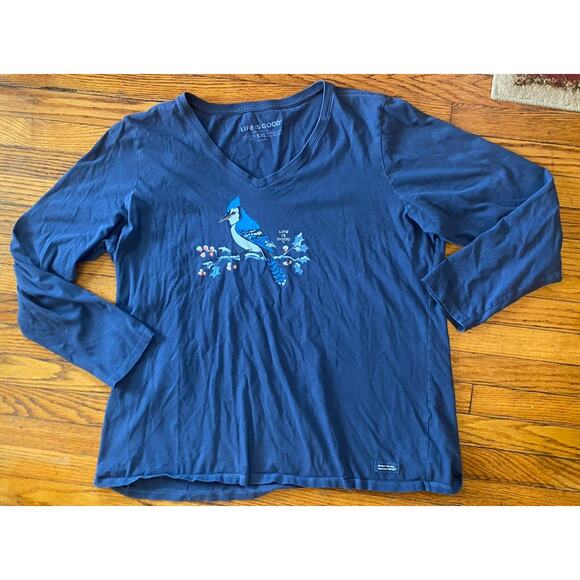 Life Is Good Tops - Life Is Good Crusher V Neck T Shirt Women’s XXL Blue Jay Bird on Branch Spring